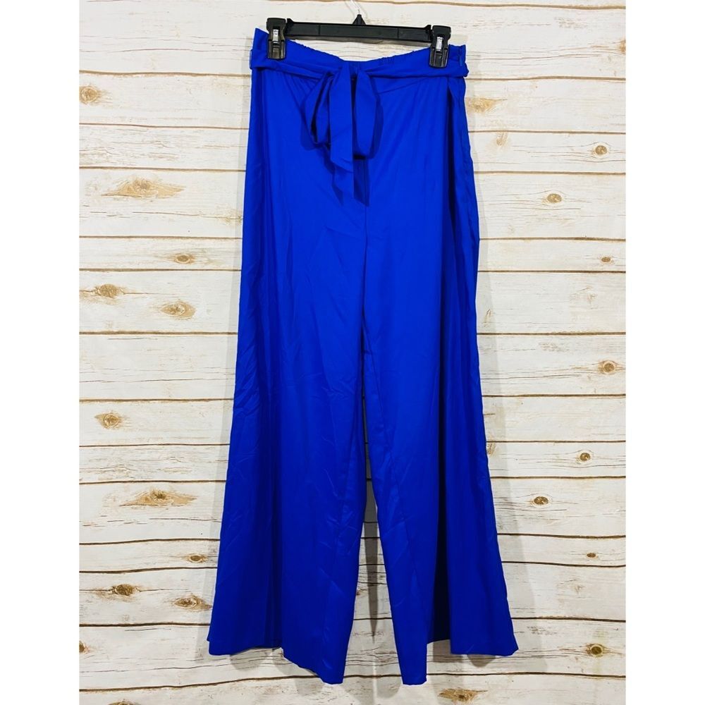 Eci women’s elastic back, side‎ zipper, tie waist wide leg pants size 8